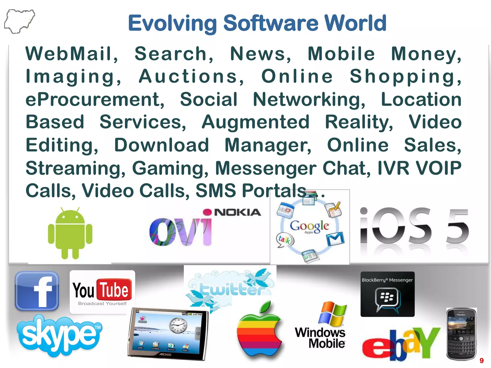 Evolving Software World
9
WebMail, Search, News, Mobile Money,
Imaging, Auctions, Online Shopping,
eProcurement, Social Networking, Location
Based Services, Augmented Reality, Video
Editing, Download Manager, Online Sales,
Streaming, Gaming, Messenger Chat, IVR VOIP
Calls, Video Calls, SMS Portals…
 