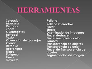 Seleccion                  Relleno
Mascara                    Relleno interactivo
Recortar                   Pintar
Zoom                       Efecto
Cuentagotas                Diseminador de imagenes
Borrador                   Pincel deshacer
Texto                      Pincel reemplazar color
Correccion de ojos rojos   Sombra
Clonar                     Transparencia de objetos
Retoque                    Transparencia de color
Rectangulo                 Pincel de Transparencia de
Elipse                     objetos
Poligono                   Segmentacion de imagen
Linea
Trayecto
 