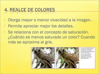  Otorga mayor o menor vivacidad a la imagen.
 Permite apreciar mejor los detalles.
 Se relaciona con el concepto de saturación.
¿Cuándo es menos saturado un color? Cuando
más se aproxima al gris.
 