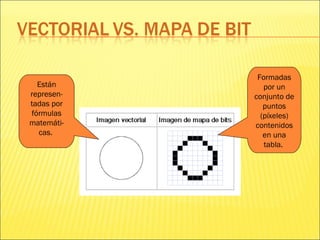 Están
represen-
tadas por
fórmulas
matemáti-
cas.
Formadas
por un
conjunto de
puntos
(píxeles)
contenidos
en una
tabla.
 