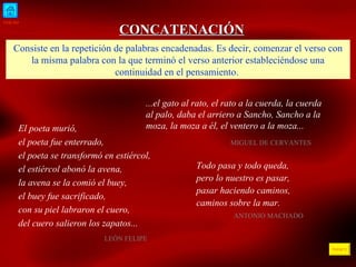 INICIO ÍNDICE CONCATENACIÓN Consiste en la repetición de palabras encadenadas. Es decir, comenzar el verso con la misma palabra con la que terminó el verso anterior estableciéndose una continuidad en el pensamiento.  El poeta murió, el poeta fue enterrado, el poeta se transformó en estiércol, el estiércol abonó la avena, la avena se la comió el buey, el buey fue sacrificado, con su piel labraron el cuero,  del cuero salieron los zapatos...  LEÓN FELIPE  ...el gato al rato, el rato a la cuerda, la cuerda al palo, daba el arriero a Sancho, Sancho a la moza, la moza a él, el ventero a la moza... MIGUEL DE CERVANTES Todo pasa y todo queda, pero lo nuestro es pasar,  pasar haciendo caminos, caminos sobre la mar.   ANTONIO MACHADO 