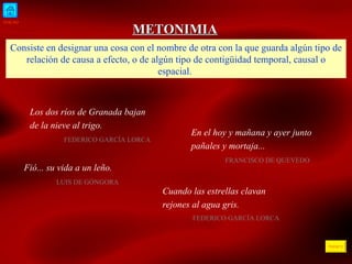 INICIO ÍNDICE METONIMIA Consiste en designar una cosa con el nombre de otra con la que guarda algún tipo de relación de causa a efecto, o de algún tipo de contigüidad temporal, causal o espacial.  Los dos ríos de Granada bajan de la nieve al trigo.  FEDERICO GARCÍA LORCA  En el hoy y mañana y ayer junto pañales y mortaja.. .  FRANCISCO DE QUEVEDO  Fió ... su vida a un leño . LUIS DE GÓNGORA  C u ando las estrellas clavan rejones al agua gris . FEDERICO GARCÍA LORCA  