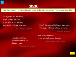 INICIO ÍNDICE SÍMIL Consiste en una comparación entre dos realidades que tienen cualidades parecidas. Le dije que iba a besarla, bajó, serena, los ojos y me ofreció sus mejillas como quien pierde un tesoro.    JUAN RAMÓN JIMÉNEZ  Vio el cielo la ambición que impetuosa cual fuego a lo más alto se avecina. JUAN DE ARGUIJO  Con cinco dientes como cinco jazmines. Adolescentes. MIGUEL HERNÁNDEZ  Los días amanecen como antorchas moribundas. FRANCISCO DE VILLALÓN  