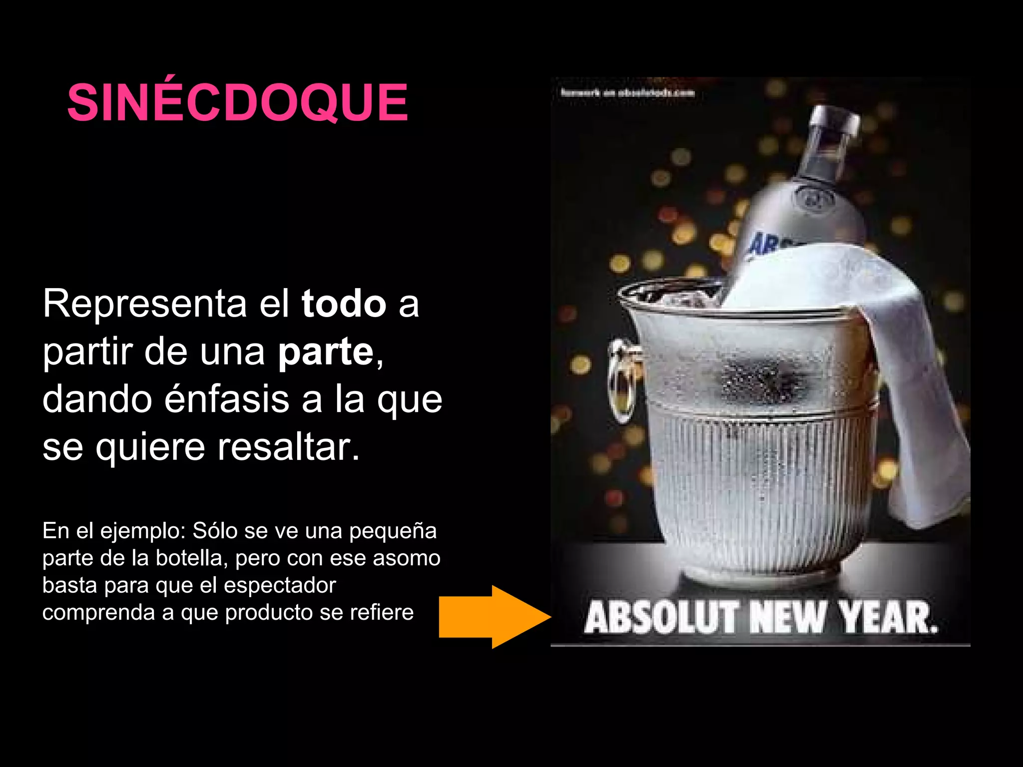 Representa el  todo  a partir de una  parte , dando énfasis a la que se quiere resaltar. En el ejemplo: Sólo se ve una pequeña parte de la botella, pero con ese asomo basta para que el espectador comprenda a que producto se refiere SINÉCDOQUE 