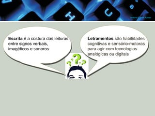 Antonio Carlos Xavier

Escrita é a costura das leituras
entre signos verbais,
imagéticos e sonoros

Letramentos são habilidades
cognitivas e sensório-motoras
para agir com tecnologias
analógicas ou digitais

 