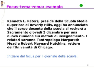 12
Focus-tema-rema: esempio
Kenneth L. Peters, preside della Scuola Media
Superiore di Beverly Hills, oggi ha annunciato
che il corpo docente della scuola si recherà a
Sacramento giovedì 3 dicembre per una
nuova riunione sui metodi di insegnamento. I
relatori saranno l’antropologa Margareth
Mead e Robert Maynard Hutchins, rettore
dell’Università di Chicago.
Iniziare dal focus per il giornale della scuola.
 
