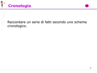 18
Cronologia
Raccontare un serie di fatti secondo uno schema
cronologico.
 