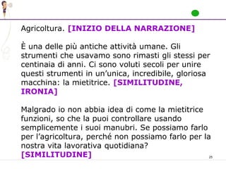 25
Agricoltura. [INIZIO DELLA NARRAZIONE]
È una delle più antiche attività umane. Gli
strumenti che usavamo sono rimasti gli stessi per
centinaia di anni. Ci sono voluti secoli per unire
questi strumenti in un’unica, incredibile, gloriosa
macchina: la mietitrice. [SIMILITUDINE,
IRONIA]
Malgrado io non abbia idea di come la mietitrice
funzioni, so che la puoi controllare usando
semplicemente i suoi manubri. Se possiamo farlo
per l’agricoltura, perché non possiamo farlo per la
nostra vita lavorativa quotidiana?
[SIMILITUDINE]
 