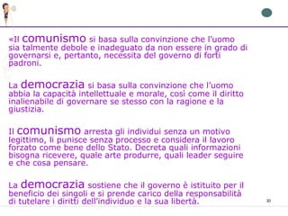 30
«Il comunismo si basa sulla convinzione che l’uomo
sia talmente debole e inadeguato da non essere in grado di
governarsi e, pertanto, necessita del governo di forti
padroni.
La democrazia si basa sulla convinzione che l’uomo
abbia la capacità intellettuale e morale, così come il diritto
inalienabile di governare se stesso con la ragione e la
giustizia.
Il comunismo arresta gli individui senza un motivo
legittimo, li punisce senza processo e considera il lavoro
forzato come bene dello Stato. Decreta quali informazioni
bisogna ricevere, quale arte produrre, quali leader seguire
e che cosa pensare.
La democrazia sostiene che il governo è istituito per il
beneficio dei singoli e si prende carico della responsabilità
di tutelare i diritti dell’individuo e la sua libertà.
 