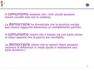 31
Il comunismo sostiene che i torti sociali possano
essere corretti solo con la violenza.
La democrazia ha dimostrato che la giustizia sociale
può essere raggiunta attraverso un cambiamento pacifico.
Il comunismo ritiene che il mondo sia così tanto diviso
in classi opposte che la guerra sia inevitabile.
La democrazia ritiene che le nazioni libere possano
risolvere le differenze in modo giusto e mantenere una
pace duratura.»
 