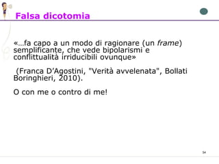 54
«…fa capo a un modo di ragionare (un frame)
semplificante, che vede bipolarismi e
conflittualità irriducibili ovunque»
(Franca D’Agostini, "Verità avvelenata", Bollati
Boringhieri, 2010).
O con me o contro di me!
Falsa dicotomia
 