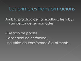 Amb la pràctica de l’agricultura, les tribus van deixar de ser nòmades. -Creació de pobles. -Fabricació de ceràmica. -Industries de transformació d’aliments. 