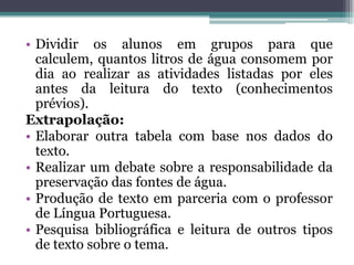 • Dividir os alunos em grupos para que
  calculem, quantos litros de água consomem por
  dia ao realizar as atividades listadas por eles
  antes da leitura do texto (conhecimentos
  prévios).
Extrapolação:
• Elaborar outra tabela com base nos dados do
  texto.
• Realizar um debate sobre a responsabilidade da
  preservação das fontes de água.
• Produção de texto em parceria com o professor
  de Língua Portuguesa.
• Pesquisa bibliográfica e leitura de outros tipos
  de texto sobre o tema.
 