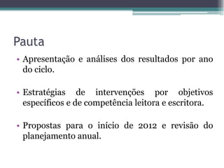 Pauta
• Apresentação e análises dos resultados por ano
  do ciclo.

• Estratégias de intervenções por objetivos
  específicos e de competência leitora e escritora.

• Propostas para o início de 2012 e revisão do
  planejamento anual.
 