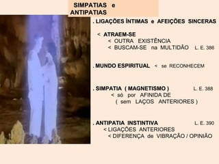 SIMPATIAS eSIMPATIAS e
ANTIPATIASANTIPATIAS
.. LIGAÇÕES ÍNTIMAS e AFEIÇÕES SINCERASLIGAÇÕES ÍNTIMAS e AFEIÇÕES SINCERAS
< ATRAEM-SEATRAEM-SE
< OUTRA EXISTÊNCIA
< BUSCAM-SE na MULTIDÃO L. E. 386
.. MUNDO ESPIRITUALMUNDO ESPIRITUAL < se RECONHECEM
. SIMPATIA ( MAGNETISMO ). SIMPATIA ( MAGNETISMO ) L. E. 388
< só por AFINIDA DE
( sem LAÇOS ANTERIORES )
. ANTIPATIA INSTINTIVA. ANTIPATIA INSTINTIVA L. E. 390
< LIGAÇÕES ANTERIORES
< DIFERENÇA de VIBRAÇÃO / OPINIÃO
 