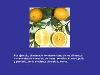Por ejemplo, el mercado norteamericano de los alimentos, incrementará el consumo de frutas, semillas, huevos, pollo  y pescado, por la creciente diversidad étnica.   