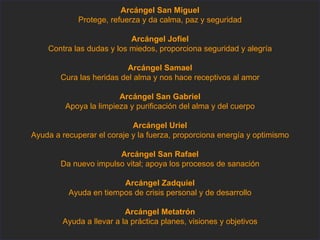 Arcángel San Miguel Protege, refuerza y da calma, paz y seguridad Arcángel Jofiel Contra las dudas y los miedos, proporciona seguridad y alegría Arcángel Samael Cura las heridas del alma y nos hace receptivos al amor Arcángel San Gabriel Apoya la limpieza y purificación del alma y del cuerpo Arcángel Uriel Ayuda a recuperar el coraje y la fuerza, proporciona energía y optimismo Arcángel San Rafael Da nuevo impulso vital; apoya los procesos de sanación Arcángel Zadquiel Ayuda en tiempos de crisis personal y de desarrollo Arcángel Metatrón Ayuda a llevar a la práctica planes, visiones y objetivos 
