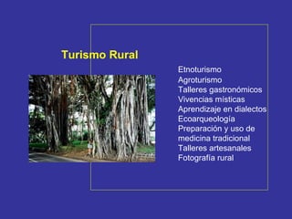 Turismo Rural Etnoturismo Agroturismo Talleres gastronómicos Vivencias místicas Aprendizaje en dialectos Ecoarqueología Preparación y uso de  medicina tradicional Talleres artesanales Fotografía rural 
