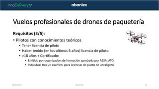 Vuelos profesionales de drones de paquetería
29/03/2017 @pablofb 13
Requisitos (3/5):
• Pilotos con conocimientos teóricos...