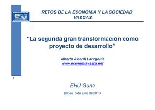 RETOS DE LA ECONOMIA Y LA SOCIEDAD
VASCAS

“La segunda gran transformación como
proyecto de desarrollo”
Alberto Alberdi Larizgoitia
www.economiavasca.net

1

EHU Gune
Bilbao 5 de julio de 2013

 