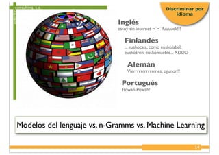 consulting, s.a.
autoritas
14
Discriminar por
idioma
Inglés
estoy sin internet ¬¨¬¨ fuuuuck!!!
Finlandés
... euskocaja, como euskolabel,
euskotren, euskomueble... XDDD
Portugués
Flowah Powah!
Alemán
Vierrrrrrrrrrrrnes, egunon!!
Modelos del lenguaje vs. n-Gramms vs. Machine Learning
 