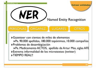 consulting, s.a.
autoritas
18
Extraer entidades
Named Entity Recognition
PERSONAS ORGANIZ. LUGARES OTROS
‣Gazetteer con cientos de miles de elementos
‣Pe. 90.000 apellidos, 180.000 topónimos, 10.000 compañías
‣Problemas de desambigüación
‣Pe. Medicamento ACTOS, apellido de Artur Mas, siglas AFE
‣Extrema informalidad de los microtextos (twitter)
‣TIEMPO REAL!!
 