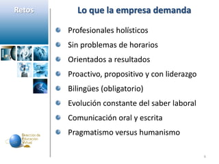 Retos     Lo que la empresa demanda

        Profesionales holísticos
        Sin problemas de horarios
        Orientados a resultados
        Proactivo, propositivo y con liderazgo
        Bilingües (obligatorio)
        Evolución constante del saber laboral
        Comunicación oral y escrita
        Pragmatismo versus humanismo

                                                 6
 