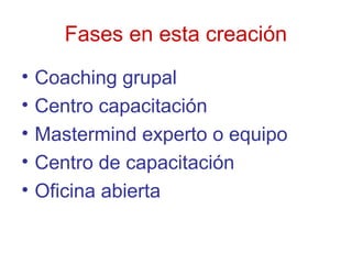 Fases en esta creación
•
•
•
•
•
Coaching grupal
Centro capacitación
Mastermind experto o equipo
Centro de capacitación
Oficina abierta