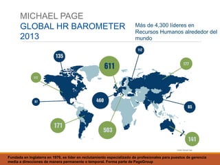 Más de 4,300 líderes en
Recursos Humanos alrededor del
mundo
MICHAEL PAGE
GLOBAL HR BAROMETER
2013
Fundada en Inglaterra en 1976, es líder en reclutamiento especializado de profesionales para puestos de gerencia
media a direcciones de manera permanente o temporal. Forma parte de PageGroup
 