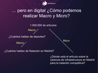 1.000.000 de artículos
¿Cuántos hablan de deportes?
¿Cuántos hablan de Natación en Madrid?
Macro
Macro
Micro
¿Dónde está el artículo sobre la
carencia de infraestructura en Madrid
para la natación competitiva?
… pero en digital ¿Cómo podemos
realizar Macro y Micro?
 