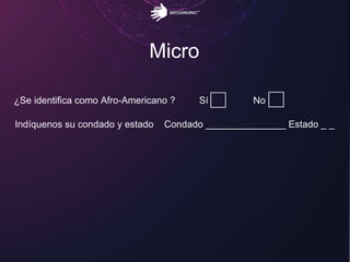 Micro
¿Se identifica como Afro-Americano ? Sí No
Indíquenos su condado y estado Condado _______________ Estado _ _
 