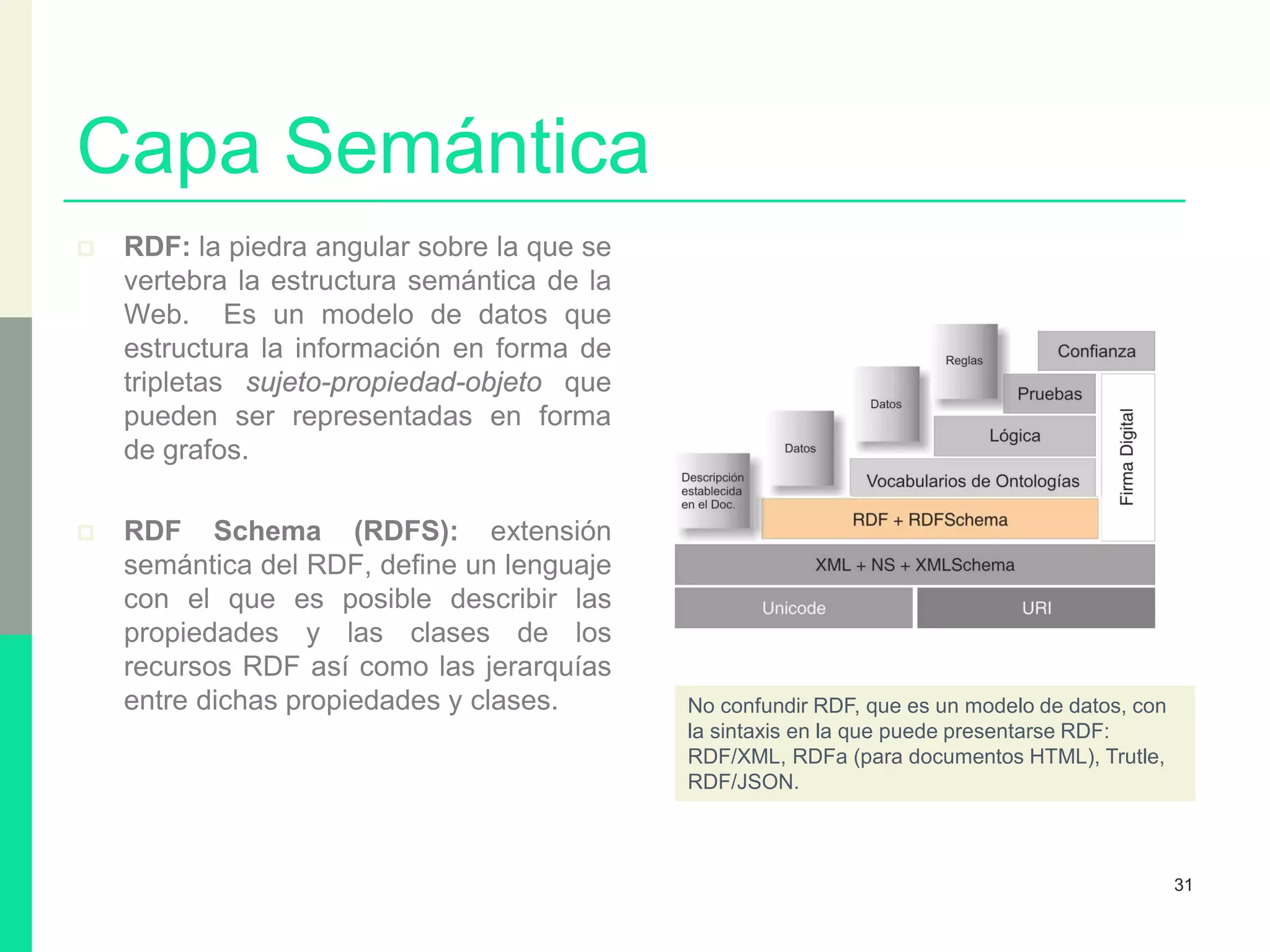 Capa Semántica
 RDF: la piedra angular sobre la que se
vertebra la estructura semántica de la
Web. Es un modelo de datos que
estructura la información en forma de
tripletas sujeto-propiedad-objeto que
pueden ser representadas en forma
de grafos.
 RDF Schema (RDFS): extensión
semántica del RDF, define un lenguaje
con el que es posible describir las
propiedades y las clases de los
recursos RDF así como las jerarquías
entre dichas propiedades y clases.
31
No confundir RDF, que es un modelo de datos, con
la sintaxis en la que puede presentarse RDF:
RDF/XML, RDFa (para documentos HTML), Trutle,
RDF/JSON.
 