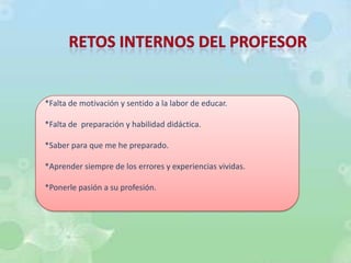 *Falta de motivación y sentido a la labor de educar.

*Falta de preparación y habilidad didáctica.

*Saber para que me he preparado.

*Aprender siempre de los errores y experiencias vividas.

*Ponerle pasión a su profesión.
 