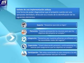 Señales de una implementación exitosa
Una forma de poder diagnosticar que el proyecto cuenta con una
apropiada identidad y dirección es a través de la identificación de los
siguientes elementos:


                         Soporte: "Deseamos que esto se logre".


                Patrocinio: "Estamos proveyendo los recursos para que los
                            objetivos del proyecto se cumplan".

             Integración: "Deseamos que nuestros esfuerzos se enfoquen en
                           las necesidades reales del negocio".

              Supervisión: "Estaré observando personal y continuamente los
                 avances para asegurarme que los objetivos se cumplan".

             Participación: "Me estoy conectando en este momento a la red
                         para experimentar esto por mí mismo"
 