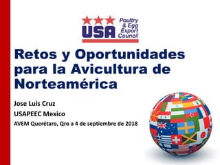 Retos y Oportunidades
para la Avicultura de
Norteamérica
Jose Luis Cruz
USAPEEC Mexico
AVEM Querétaro, Qro a 4 de septiembre de 2018
 