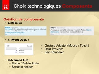 Choix technologiques  Composants Création de composants ListPicker   « Tweet Deck » Advanced List Swipe / Delete State Sortable header Gesture Adapter (Mouse / Touch) Data Provider Item Renderer 