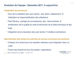 6 I Retour d’expérience sur l’agilité I 26 Mars 2015
Adaptation du processus
Suivi de la validation des user stories : test, démo, déploiement 
implication et responsabilisation des utilisateurs
Peer Review : partage de connaissance, test, best practices 
amélioration de la qualité du code et diminution de la dette technique et des
bugs
Intégration de la maturation des user stories  meilleurs estimations
Réunification des toutes les activités du service et de tous les membres
Création d’un board pour les requêtes utilisateur puis intégration dans un
outils
Fusion des boards de tous les projets / applications
Evolution de l’équipe : Décembre 2011  aujourd’hui
 
