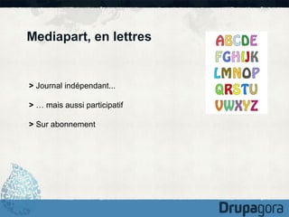 Mediapart, en lettres

> Journal indépendant...
> … mais aussi participatif
> Sur abonnement

 