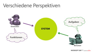 Aufgaben
UNTERN
 Entwickler
EHMEN         SYSTEM
Management
  Technik
  Design
Funktionen
     …


                           Benutzer
 