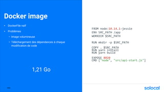 Docker image
• DockerFile naïf
• Problèmes
- Image volumineuse
- Téléchargement des dépendances à chaque
modification de code
1,21 Go
FROM node:10.14.1-jessie
ENV SRC_PATH /app
WORKDIR $SRC_PATH
RUN mkdir -p $SRC_PATH
COPY . $SRC_PATH
RUN yarn install
RUN yarn build
EXPOSE 8020
CMD ["node", "src/api-start.js"]
P.60
 