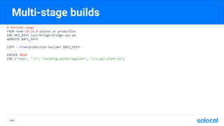 Multi-stage builds
# Runtime image
FROM node:10.14.0-alpine as production
ENV API_PATH /usr/bridge/bridge-api-pm
WORKDIR $API_PATH
COPY --from=production-builder $API_PATH .
EXPOSE 8020
CMD ["node", "-r", "tsconfig-paths/register", "src/api-start.js"]
P.64
 