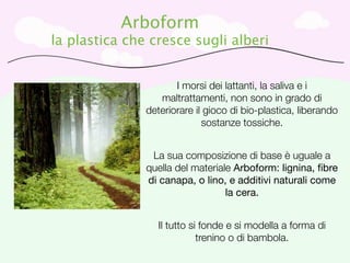 Arboform
la plastica che cresce sugli alberi


                      I morsi dei lattanti, la saliva e i
                  maltrattamenti, non sono in grado di
               deteriorare il gioco di bio-plastica, liberando
                             sostanze tossiche.


                La sua composizione di base è uguale a
               quella del materiale Arboform: lignina, ﬁbre
               di canapa, o lino, e additivi naturali come
                                  la cera.


                  Il tutto si fonde e si modella a forma di
                             trenino o di bambola.
 