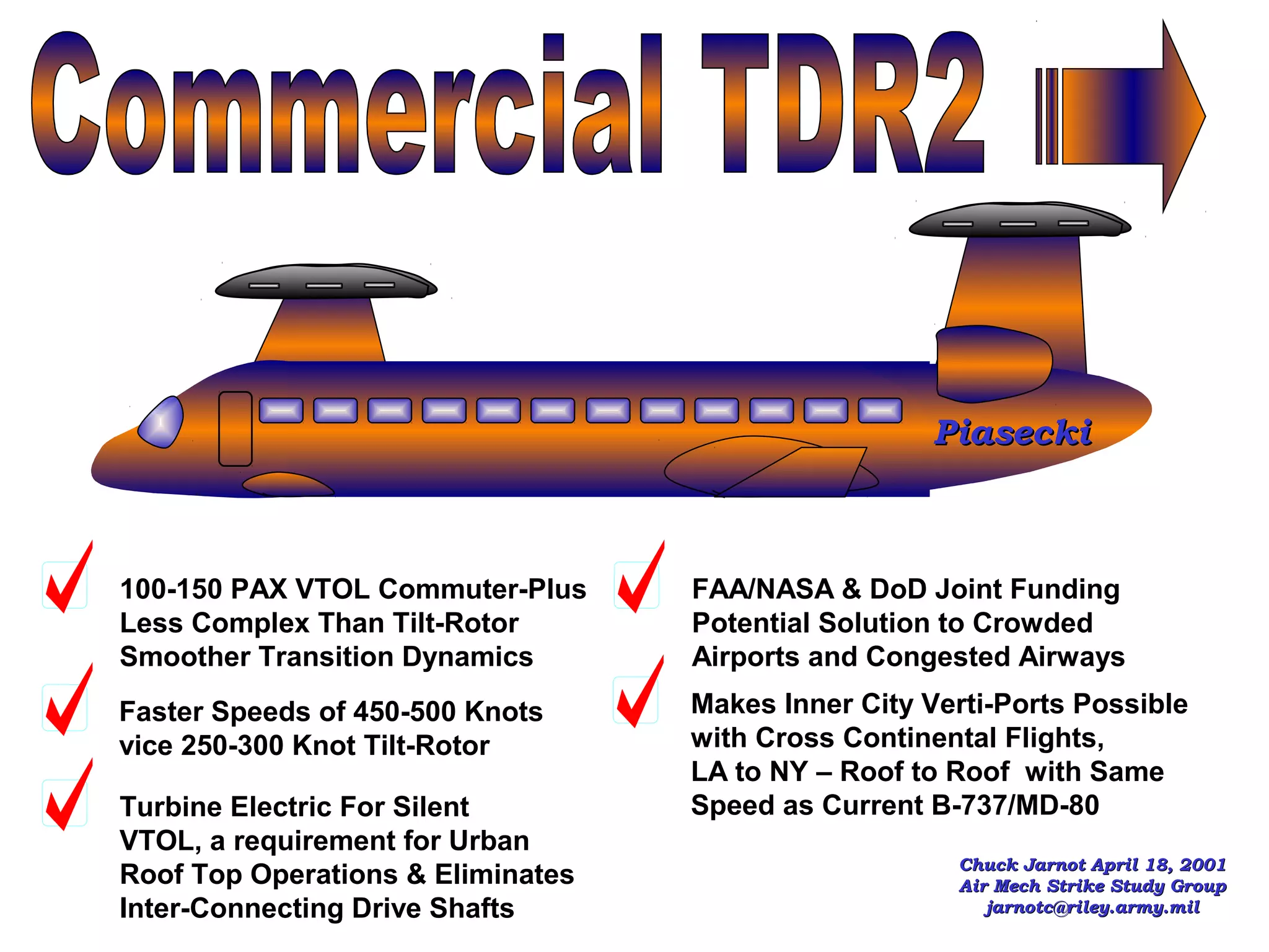 Piasecki



100-150 PAX VTOL Commuter-Plus     FAA/NASA & DoD Joint Funding
Less Complex Than Tilt-Rotor       Potential Solution to Crowded
Smoother Transition Dynamics       Airports and Congested Airways
Faster Speeds of 450-500 Knots     Makes Inner City Verti-Ports Possible
vice 250-300 Knot Tilt-Rotor       with Cross Continental Flights,
                                   LA to NY – Roof to Roof with Same
Turbine Electric For Silent        Speed as Current B-737/MD-80
VTOL, a requirement for Urban
                                                      Chuck Jarnot April 18, 2001
Roof Top Operations & Eliminates                      Air Mech Strike Study Group
Inter-Connecting Drive Shafts                            jarnotc@riley.army.mil
 