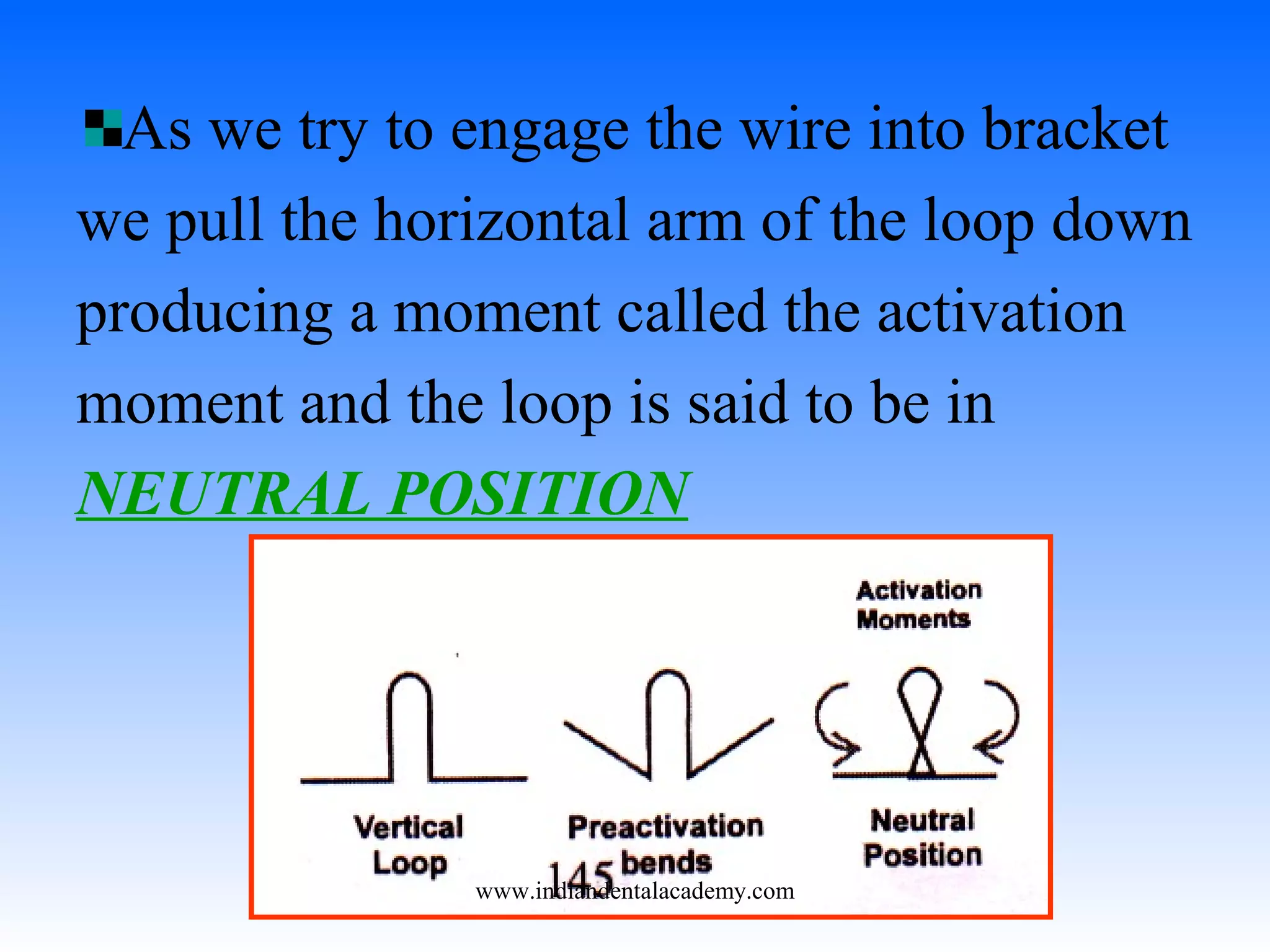 As we try to engage the wire into bracket
we pull the horizontal arm of the loop down
producing a moment called the activation
moment and the loop is said to be in
NEUTRAL POSITION
www.indiandentalacademy.com
 