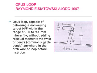 OPUS LOOP
RAYMOND.E.SIATOWSKI AJODO 1997
 Opus loop, capable of
delivering a nonvarying
target M/F within the
range of 8.0 to 9.1 mm
inherently, without adding
residual moments via twist
or bends (commonly gable
bends) anywhere in the
arch wire or loop before
insertion
 