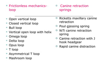  Frictionless mechanics-
loop
 Open vertical loop
 Closed vertical loop
 Bull loop
 Vertical open loop with helix
 Omega loop
 Delta loop
 Opus loop
 T loop
 Asymmetrical T loop
 Mashroom loop
 Canine retraction
springs
 Ricketts maxillary canine
retraction
 Poul gjessing spring
 NiTi canine retraction
spring
 Canine retraction with J
hook headgear
 Rapid canine distraction
 