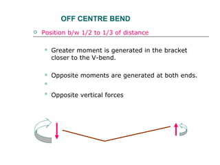 OFF CENTRE BEND
 Position b/w 1/2 to 1/3 of distance
 Greater moment is generated in the bracket
closer to the V-bend.
 Opposite moments are generated at both ends.

 Opposite vertical forces
 