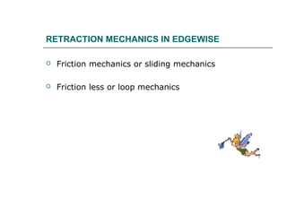 RETRACTION MECHANICS IN EDGEWISE
 Friction mechanics or sliding mechanics
 Friction less or loop mechanics
 