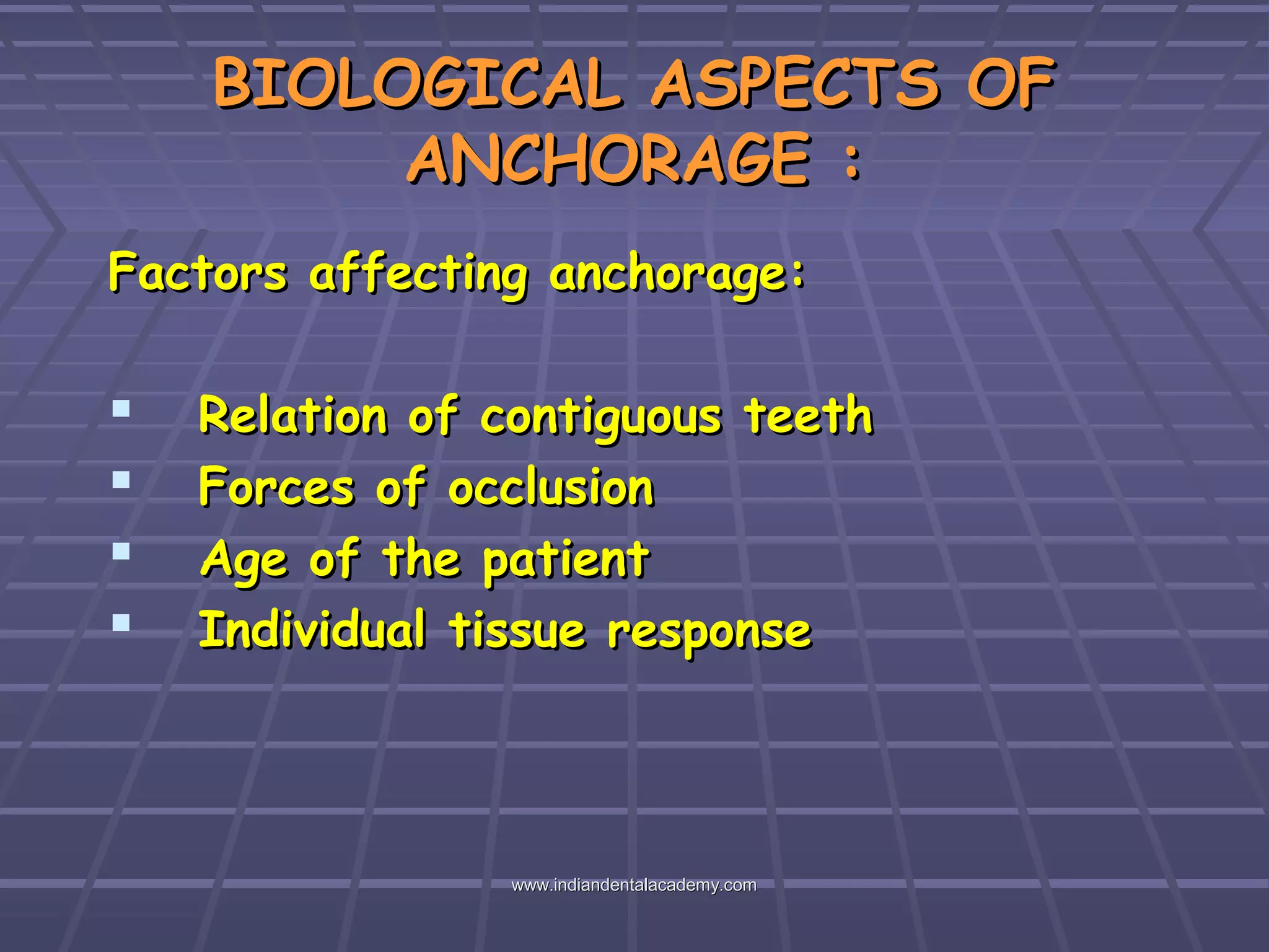 BIOLOGICAL ASPECTS OF
ANCHORAGE :
Factors affecting anchorage:






Relation of contiguous teeth
Forces of occlusion
Age of the patient
Individual tissue response

www.indiandentalacademy.com

 