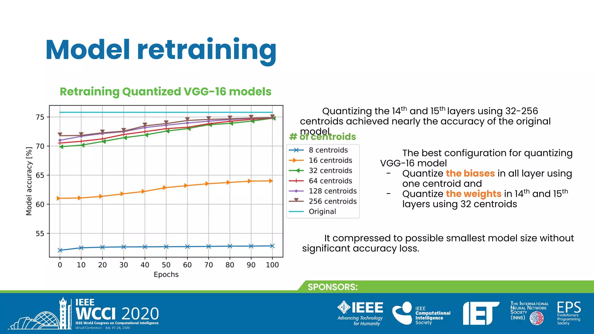 Model retraining
Retraining Quantized VGG-16 models
Quantizing the 14th
and 15th
layers using 32-256
centroids achieved nearly the accuracy of the original
model.
The best configuration for quantizing
VGG-16 model
- Quantize the biases in all layer using
one centroid and
- Quantize the weights in 14th
and 15th
layers using 32 centroids
It compressed to possible smallest model size without
significant accuracy loss.
# of centroids
 